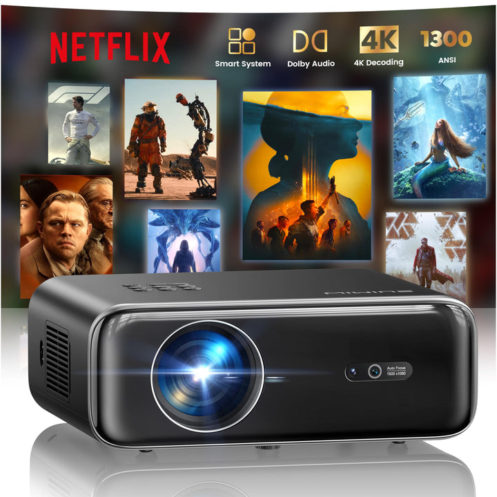 Smart Beamer mit Netflix, Dolby Audio, WiMiUS 1100 ANSI Autofokus/6D Trapezkorrektur Led Beamer 4K H