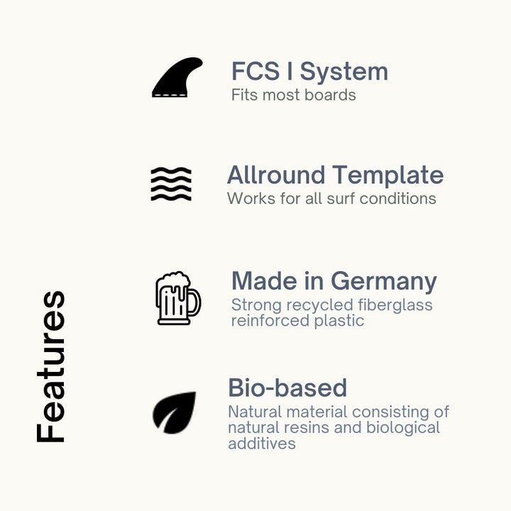 Eisbach Riders Bio-Based Surfboard FCS Thruster Fin Set mit Fin Key (Grösse G5 Medium) - Made in Ger
