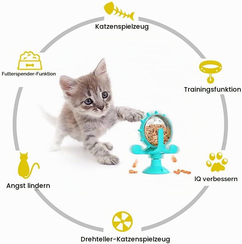 ALEENFOON Windmühle Katzenspielzeug, Drehbarer Katzenspielzeug Drehteller, Futterspender mit Saugnap