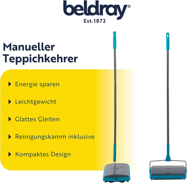 Beldray LA024855TQ Manuelle Teppichkehrmaschine, Teppichkehrer ohne Strom mit Bürstenkamm, Haustierh