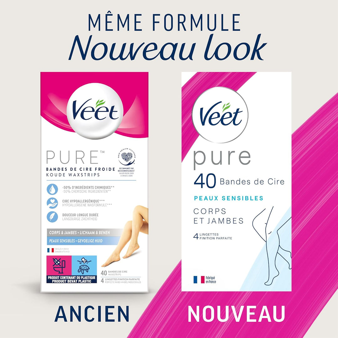 Veet Pure – 40 Kaltwachsstreifen für Körper und Beine – empfindliche Haut – empfohlen von Dermatolog