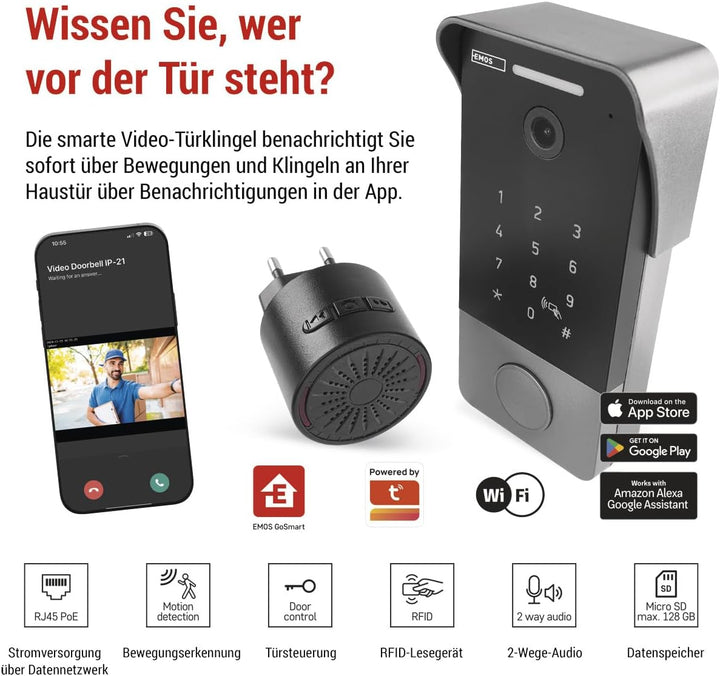 EMOS GoSmart Video-Türklingel mit App - 1-Draht Ethernet Verbindung - wasserfeste Smart Home Videokl