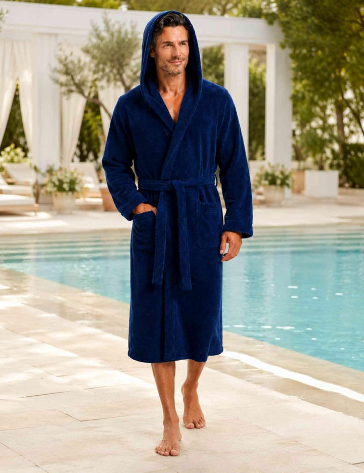 Morgenstern Bademantel Herren Kapuze Frottee 100% Baumwolle Lang Cadiz Salamanca XL Marine, XL Marin