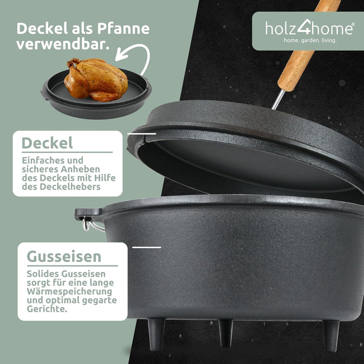 holz4home® Dutch Oven Set [9L, Mit Füssen] I Eingebrannter Feuertopf Gusseisen I Schmortopf mit Deck