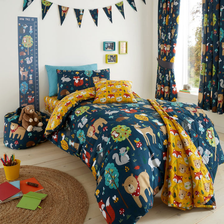 Happy Linen Company Wende-Bettwäsche-Set für Mädchen und Jungen, Marineblau, für Einzelbett, Wald, F