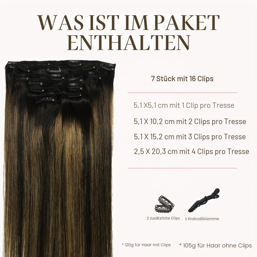 GOO GOO Clip in Echthaar Extensions, 50cm 20 Zoll 120g 7 Stück Balayage Naturschwarz Gemischt Kastan