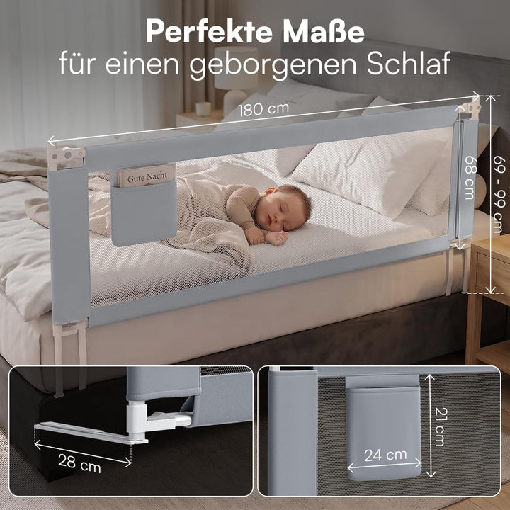 Bellabino Drina Rausfallschutz – Bettschutzgitter Boxspringbett – Bettgitter 180 cm Hellgrau – Baby