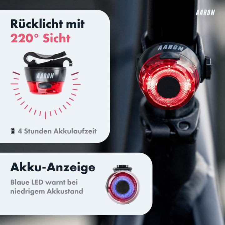 AARON 100 LUX Fahrradlichter Set (9h Leuchtdauer), StVZO zugelassen, 2000 mAh Akku Fahrrad Licht Set