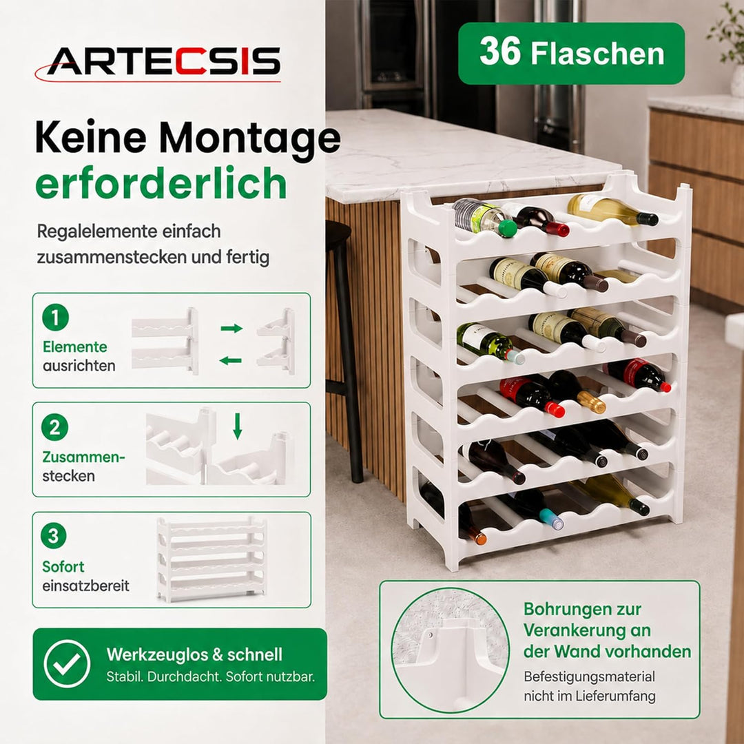 ARTECSIS® Weinregal stapelbar & modular erweiterbar Kunststoff für 36 Weinflaschen (weiss) - Stabile