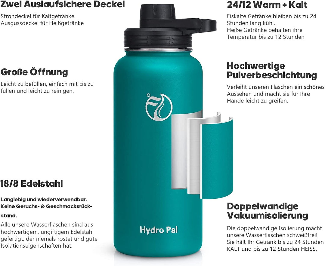 HydroPal Edelstahl Trinkflasche - 750ml, 1L, 1,2L, BPA-Frei, Kohlensäure geeignet, Isolierte Thermos