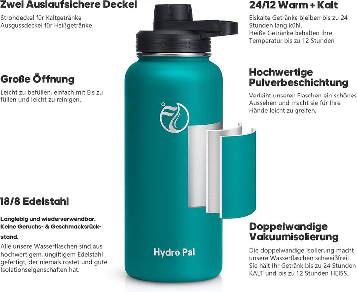 HydroPal Edelstahl Trinkflasche - 750ml, 1L, 1,2L, BPA-Frei, Kohlensäure geeignet, Isolierte Thermos