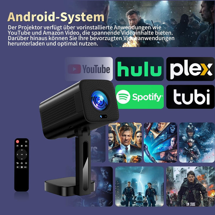 Mini Beamer Unterstützt 4K Full HD 1080P, Smart Beamer mit Auto Fokus & Keystone und 90° Drehbarkeit