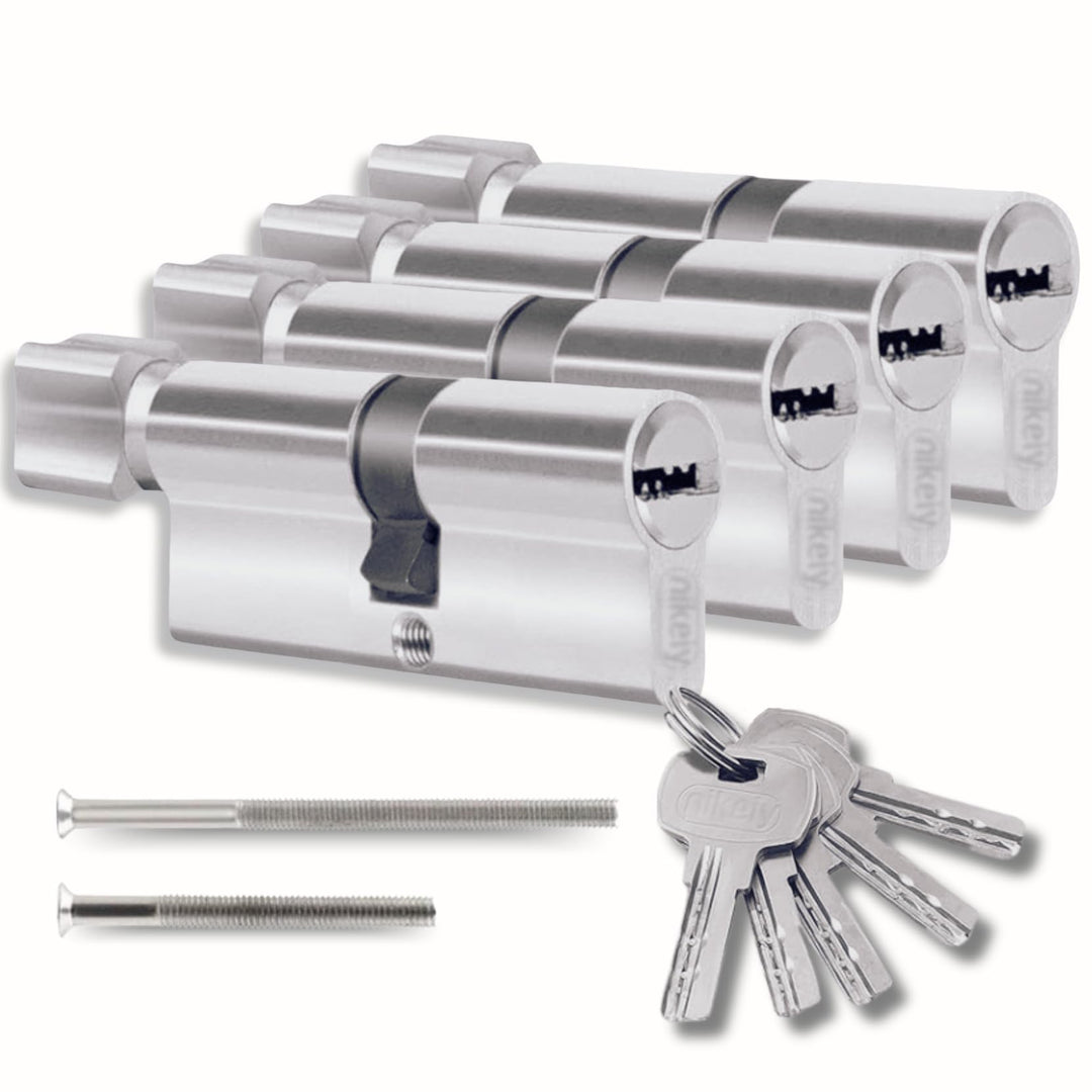 Schliesszylinder 45/45 mm mit 10 Einzelschlüsseln, Set mit 4 Doppelzylindern mit Knauf, 8 Schrauben,