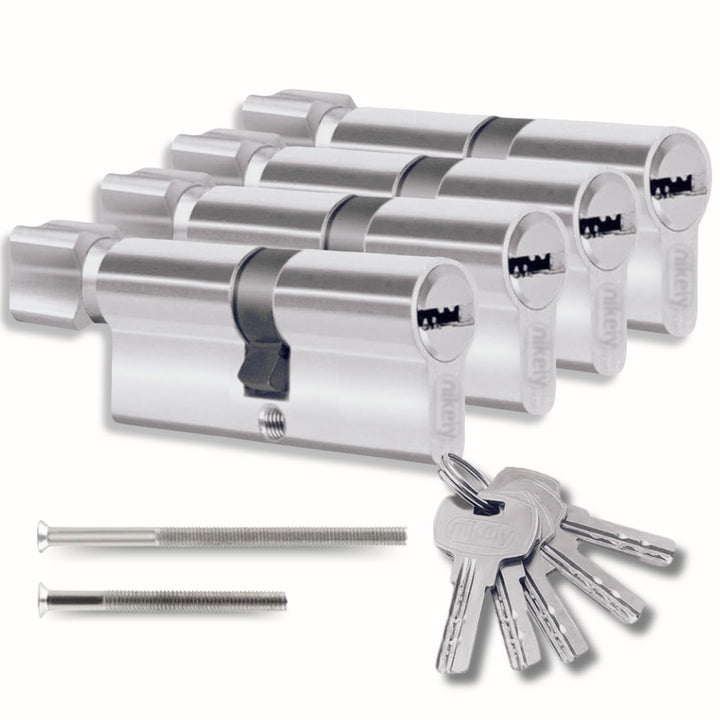 Schliesszylinder 45/45 mm mit 10 Einzelschlüsseln, Set mit 4 Doppelzylindern mit Knauf, 8 Schrauben,