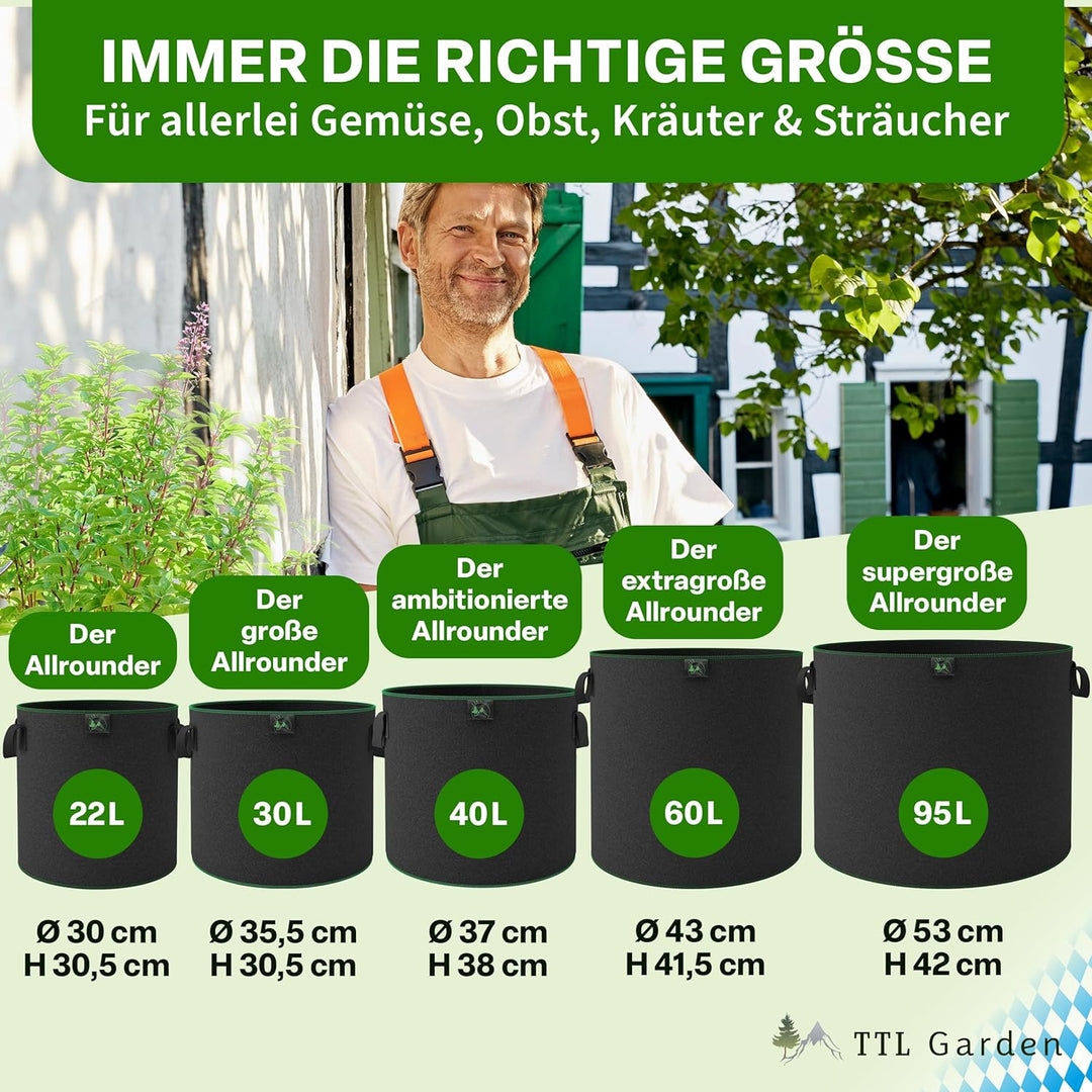 TTL GARDEN 10x 22L Pflanzsack aus Vlies Stoff - aus 300 g/m² Filz &amp; Vlies - | 10er Set 20L +10% = 22
