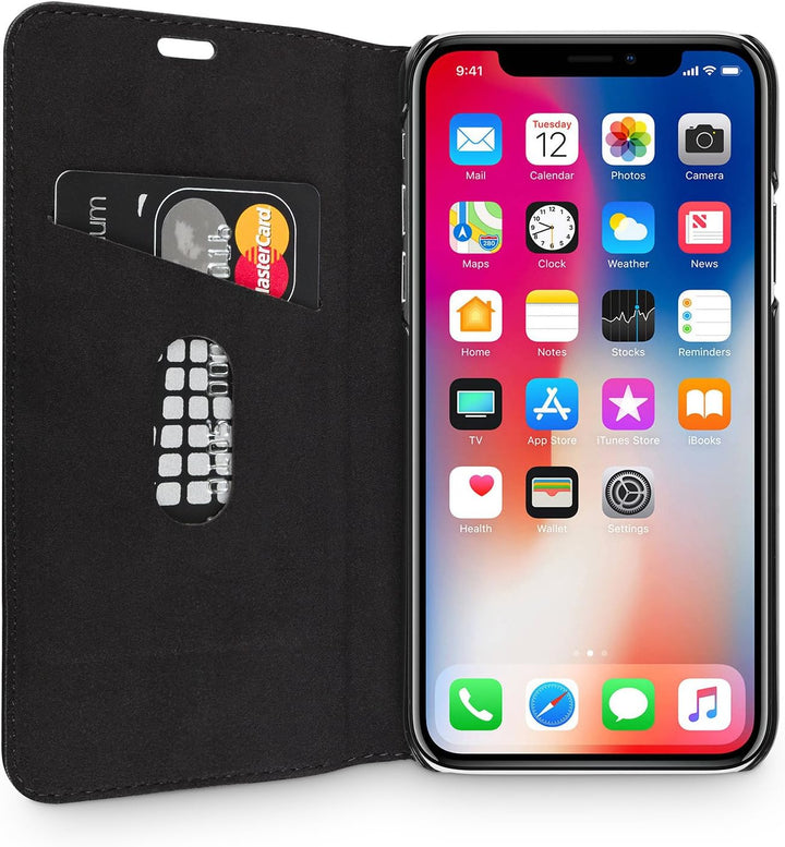 WIIUKA Echt Ledertasche - TRAVEL Nature - für Apple iPhone X und XS -DEUTSCHES Leder- Schwarz, kabel