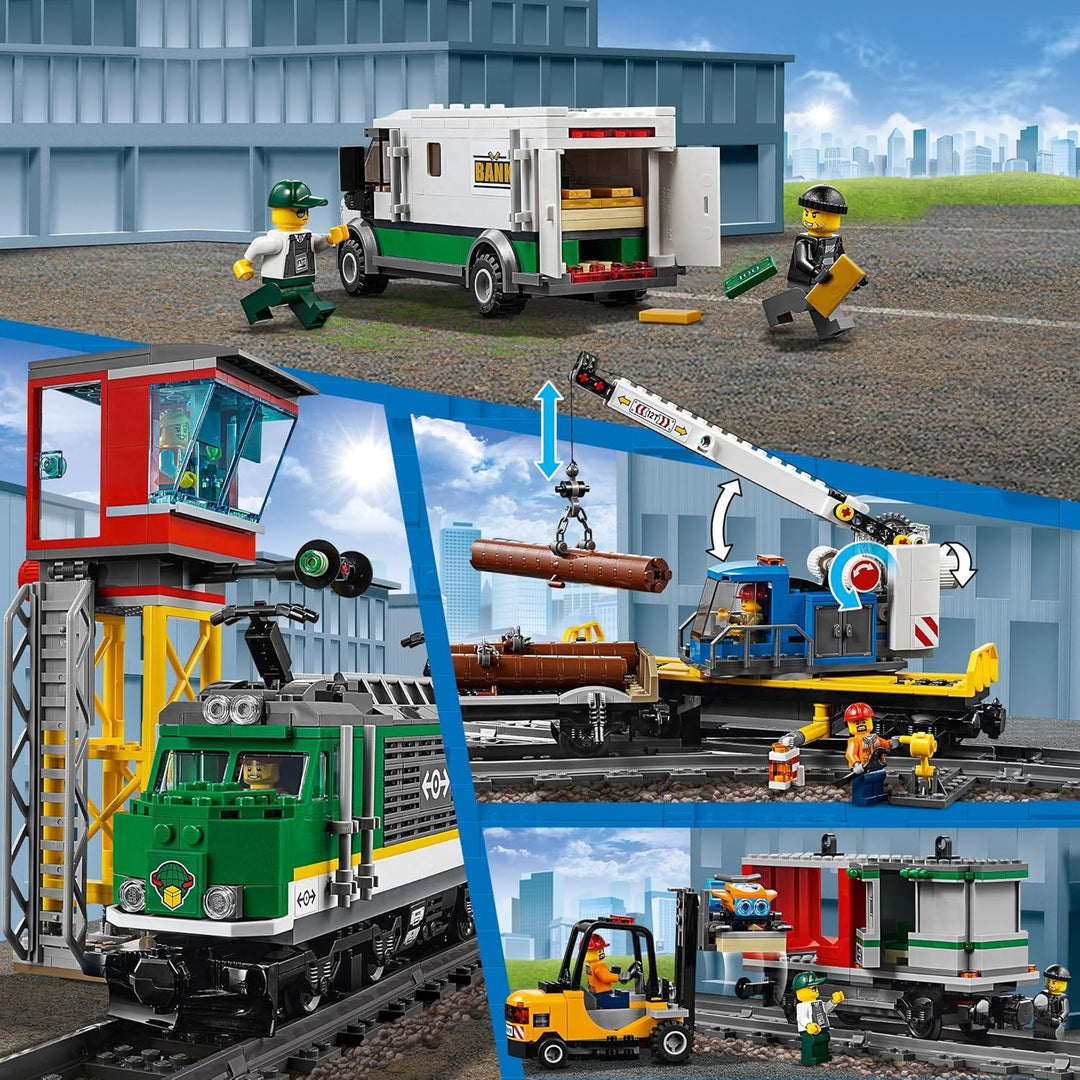 LEGO 60198 City Güterzug, Set mit batteriebetriebenem Motor, Bluetooth-Fernbedienung, 3 Wagen, Gleis