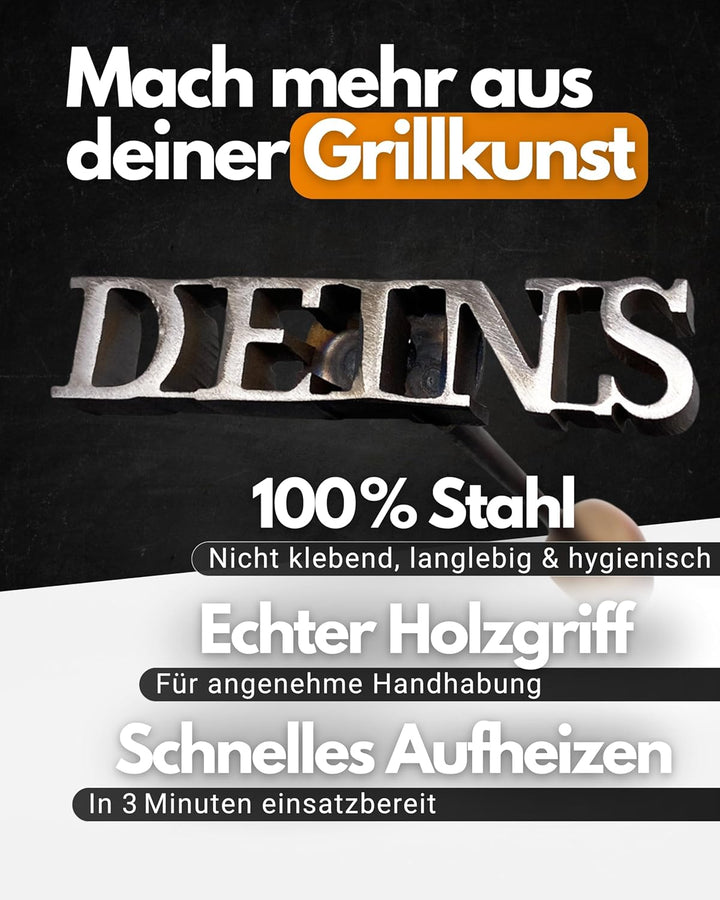 Feuerfest 123 Brennstempel mit Deins-Motiv I 8,2 x 1,8 x 35 cm I Hochwertiger Grill-Stempel aus robu
