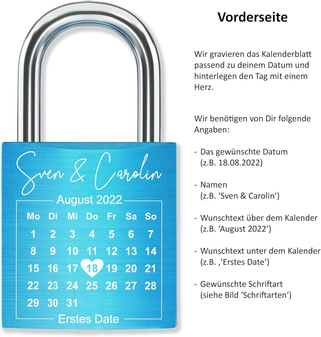 Liebesschloss mit Gravur Kalenderblatt - Hellblau - gestaltbar mit vielen Farben & Schriften - Jahre