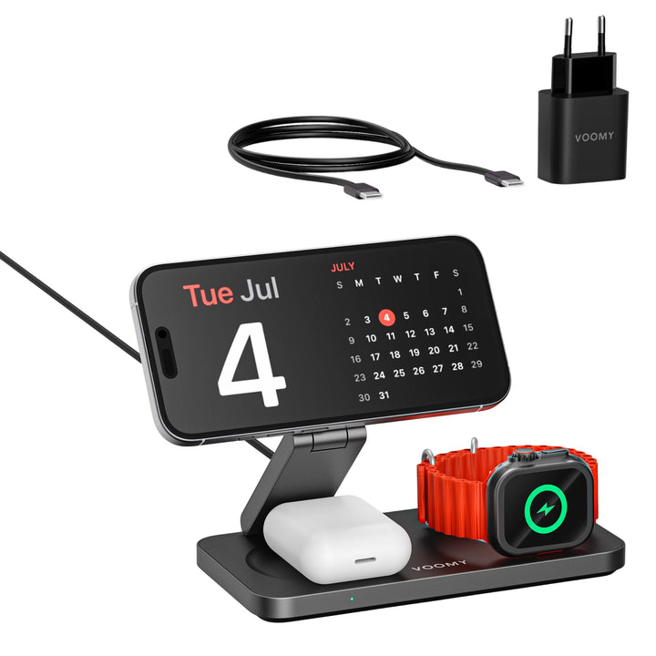 Voomy 3-in-1 Induktive Ladestation Kompatibel mit Magsafe Ladegerät, iPhone, AirPods & Apple Watch,