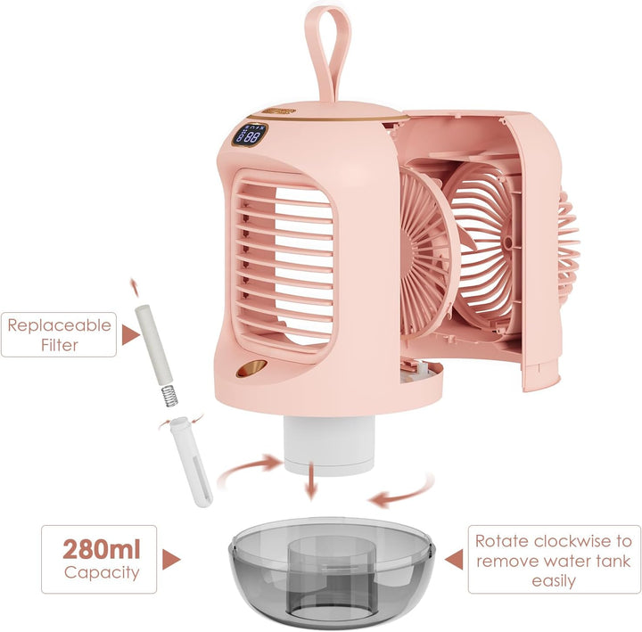 Drehbar Mobile Klimageräte, Mini Multifunktional USB Air Cooler mit 3 Geschwindigkeiten, Nachtlicht,