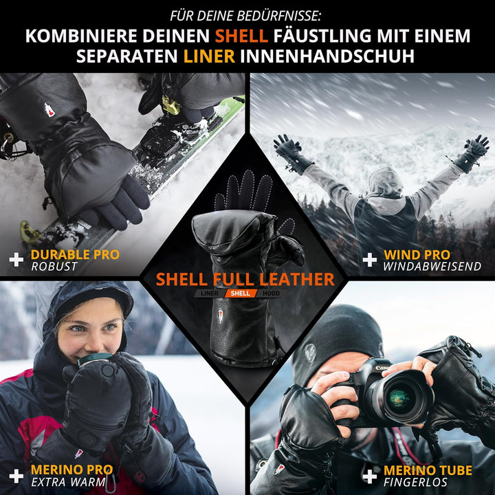 THE HEAT COMPANY Shell Full Leather Handschuhe - Die Innovation: Extra warme Leder Fäustlinge zum Um