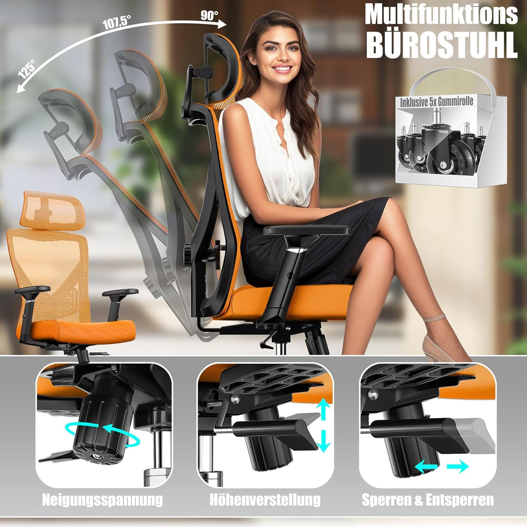 KESSER® Bürostuhl Ergonomisch mit verstellbaren Armlehnen | Drehstuhl mit Lendenwirbelstütze Rückens