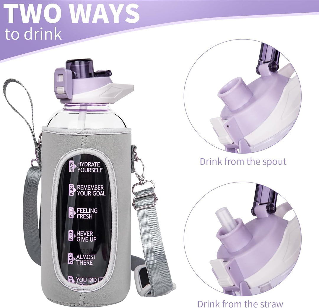 Seekua 1.5 liter Sport Trinkflasche Glas Flasche mit Strohhalm & Zeitmarkierung auslaufsicher bpa fr