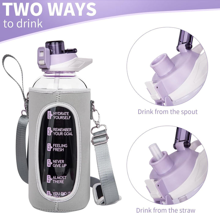 Seekua 1.5 liter Sport Trinkflasche Glas Flasche mit Strohhalm & Zeitmarkierung auslaufsicher bpa fr