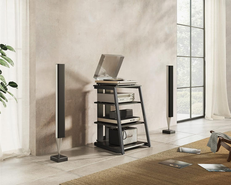 FITUEYES Design HiFi Rack aus Holz & Stahl, HiFi Regal mit verstellbaren Ablagen & Kabelmanagement,