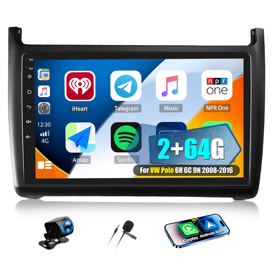 CAMECHO 2+64G 9 Zoll Android 13 Autoradio für VW Polo 6R 6C 9N 2008-2016 mit Wireless Carplay Androi