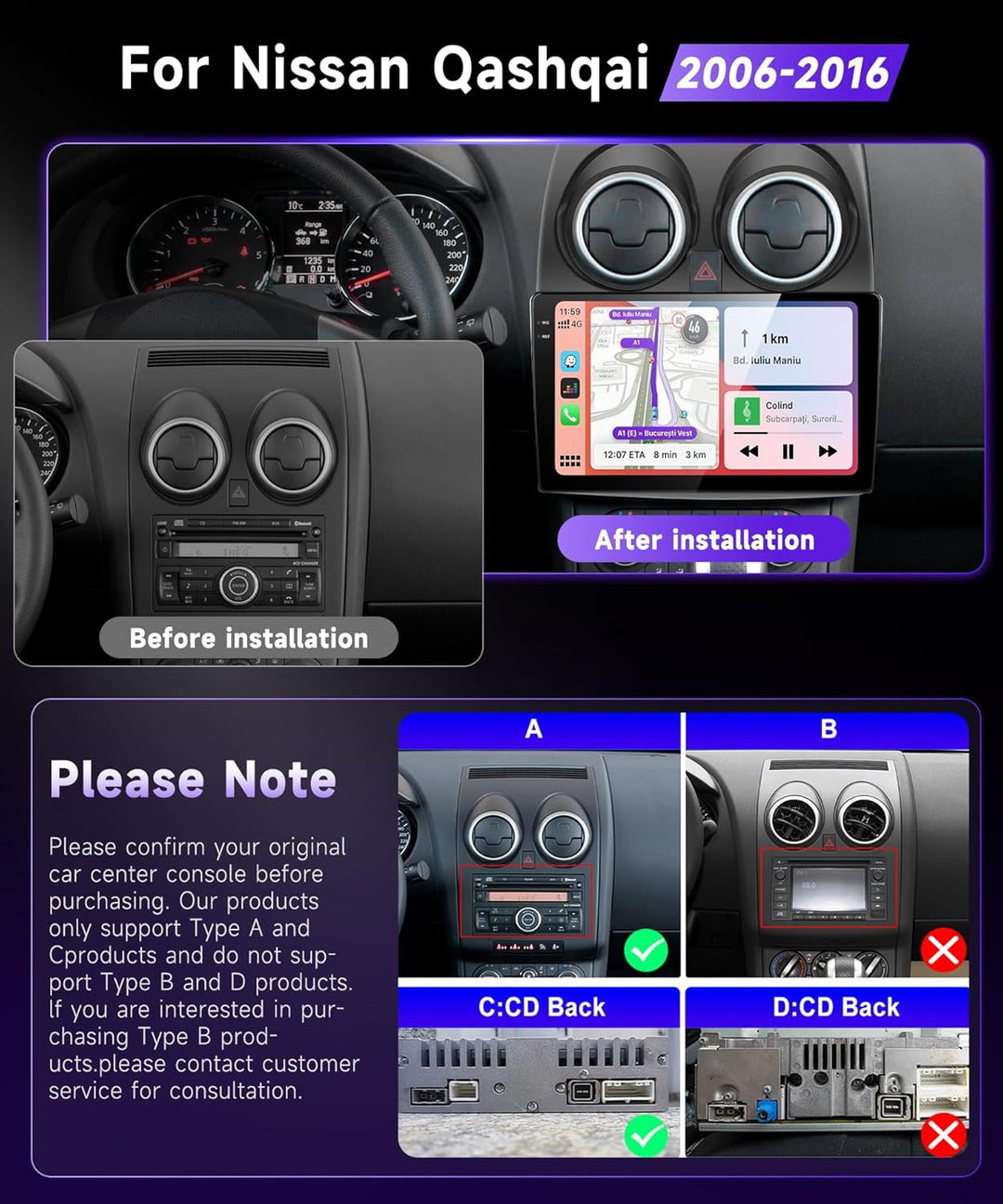 Podofo Autoradio für Nissan Qashqai J10 2006-2016 2+32G Wireless Carplay HI-FI Bluetooth mit 9’’ Bil