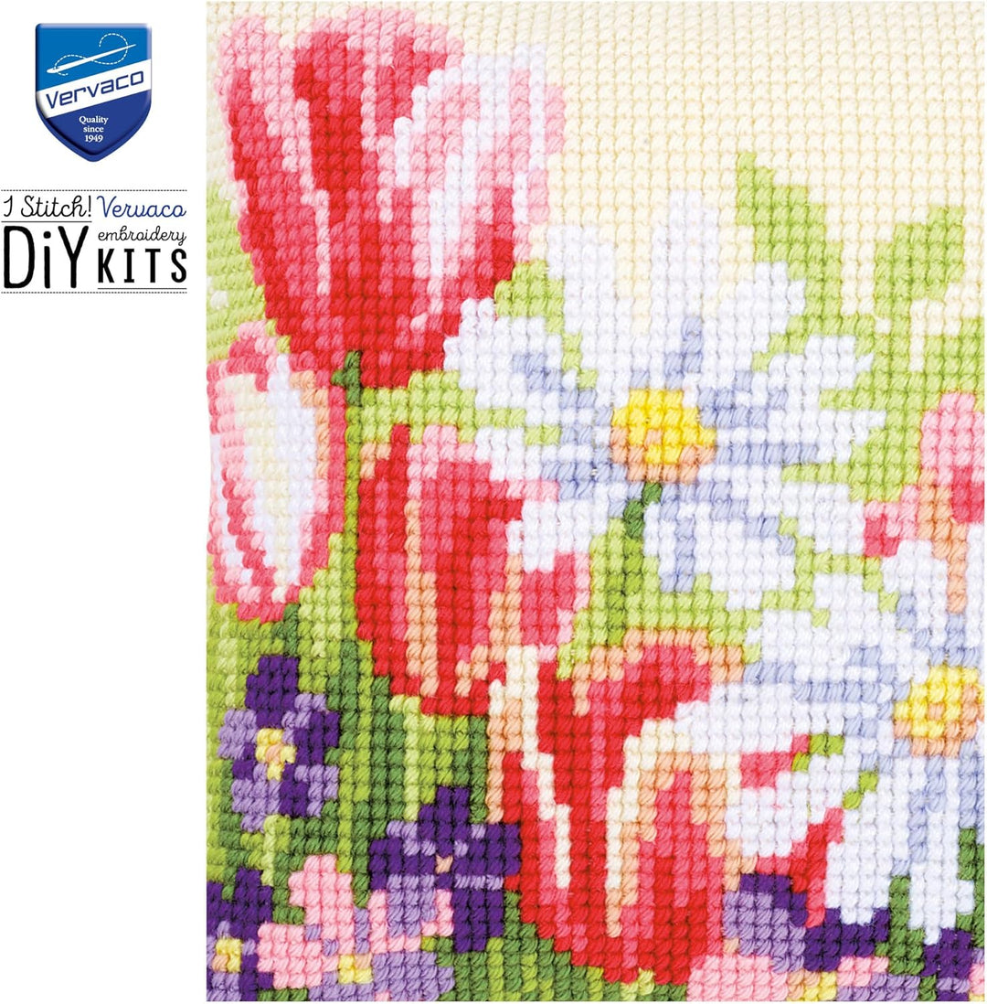 Vervaco Kreuzstichkissen Frühlingsblumen, Stickbild vorgezeichnet Kreuzstichpackung Kissen, vorbezei