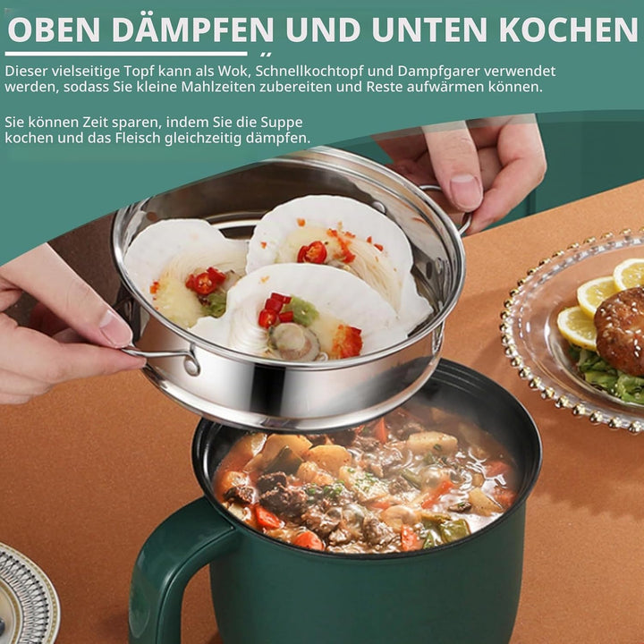 Elektrischer Hot Pot 1.5L, Tragbare Mini Antihaft Multikocher mit Dampfgarer, Schneller Ramen Kocher