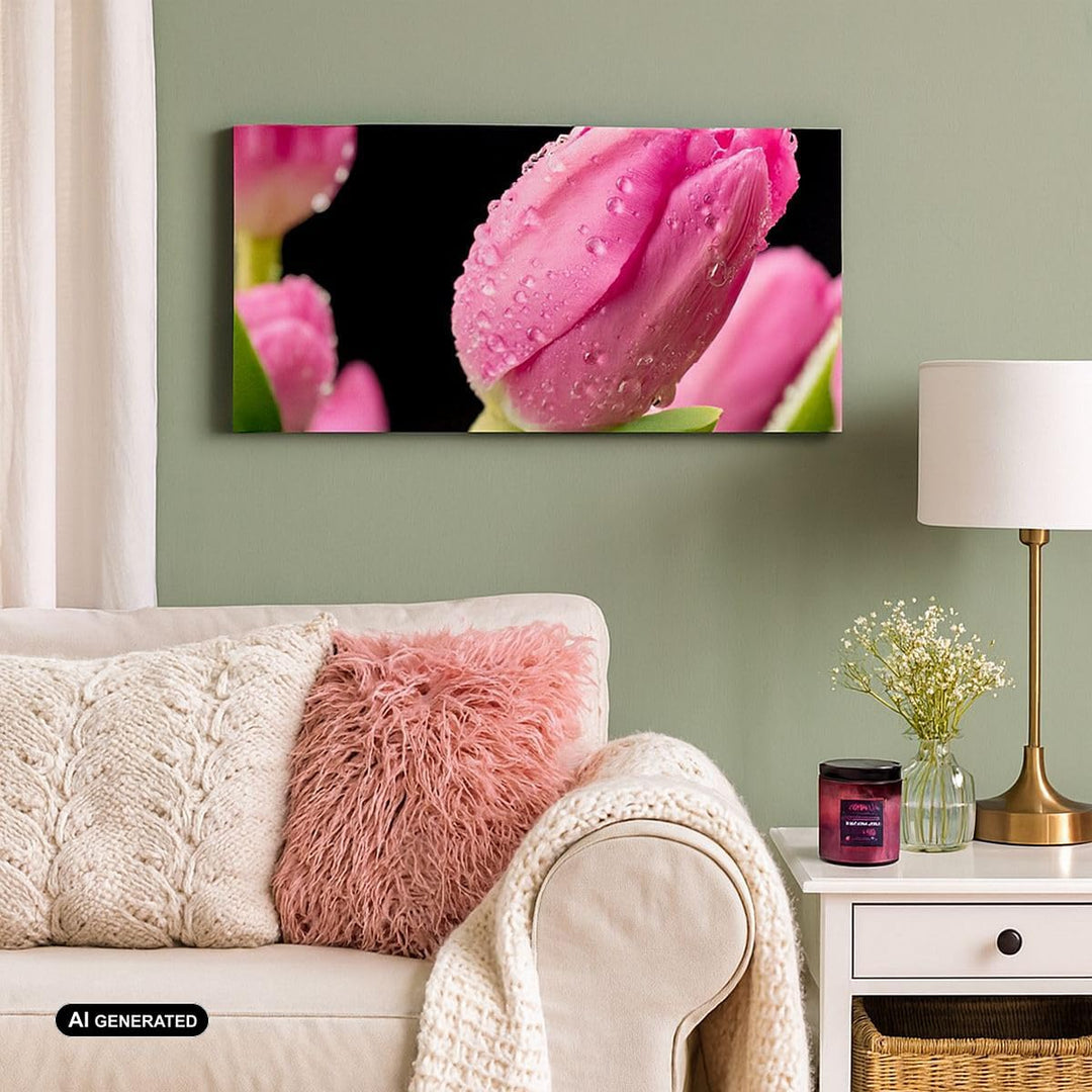 Panorama Bilder auf Leinwand 100x40cm Leinwandbild Tulpe Blumen Tau Gross Wanddeko Bild Schlafzimmer