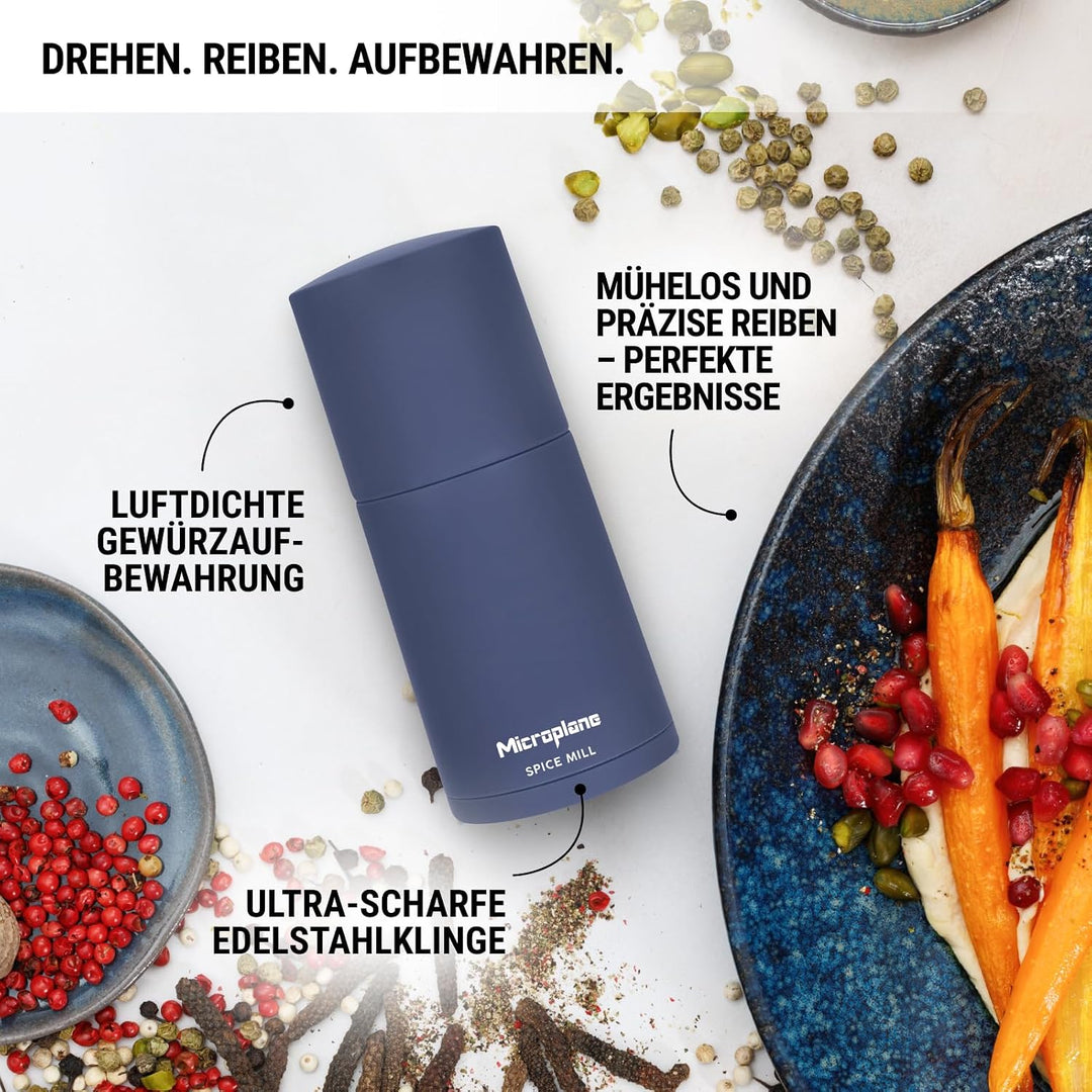 Microplane Gewürzmühle 2in1 – Denim Blau | Manuelle Mühle mit rasiermesserscharfer Edelstahlklinge |