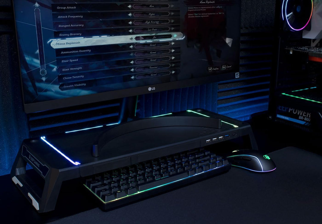 SN06 Monitorständer für Gaming-Schreibtisch mit Aufbewahrungsschublade, Handyhalterung, 10 RGB-Beleu