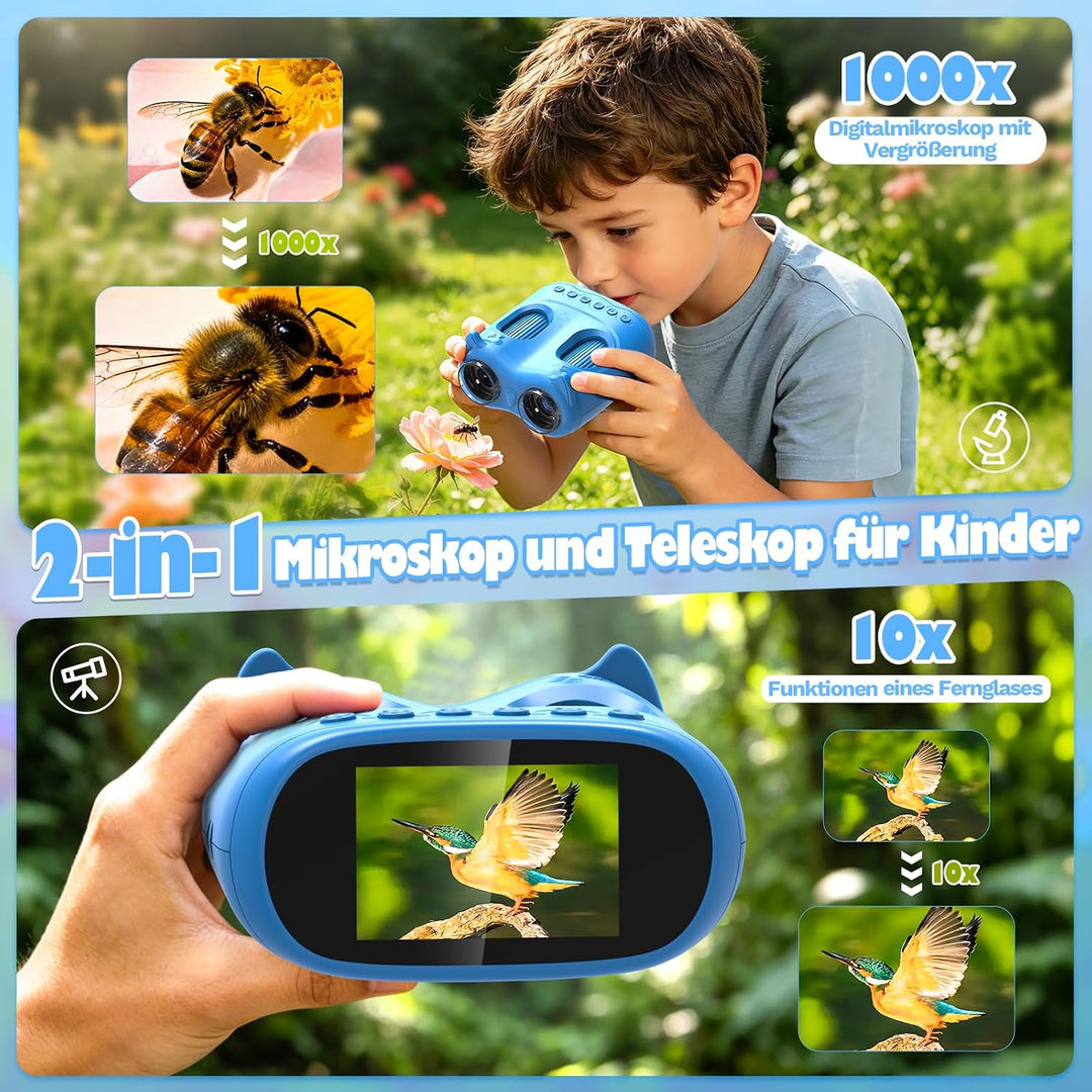 2-in-1 Digitales Mikroskop und Teleskop für Kinder, 1000x Tragbares Taschenmikroskop Kinder mit 2,0"