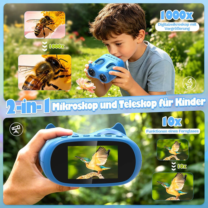 2-in-1 Digitales Mikroskop und Teleskop für Kinder, 1000x Tragbares Taschenmikroskop Kinder mit 2,0"