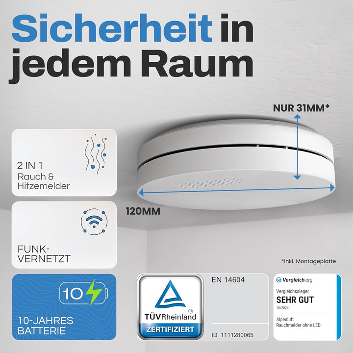 ALPENLUFT Rauchmelder Funk Vernetzt 10 Jahre Batterie, Rauchwarnmelder &amp; Hitzemelder 2in1, Feuermeld