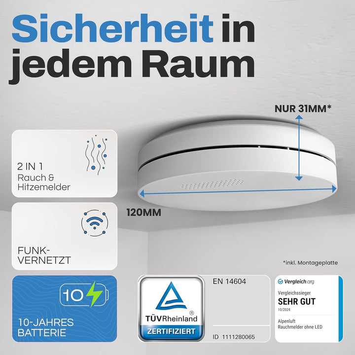 ALPENLUFT Rauchmelder Funk Vernetzt 10 Jahre Batterie, Rauchwarnmelder &amp; Hitzemelder 2in1, Feuermeld