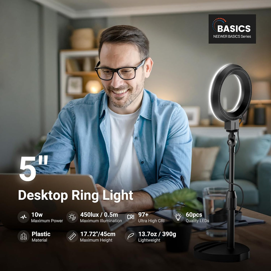 NEEWER Basics 5" LED Tisch Ringlicht mit Ständer, Monitorhalterung, 10W kompatibel mit iPhone, Compu