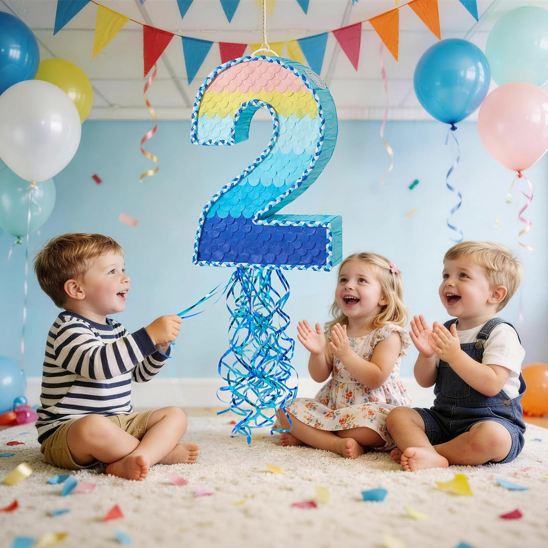 WERNNSAI Nummer 2 Piñata Set - Blaue Deko mit Augenbinde & Schläger | Aus robuster Wellpappe; ideale