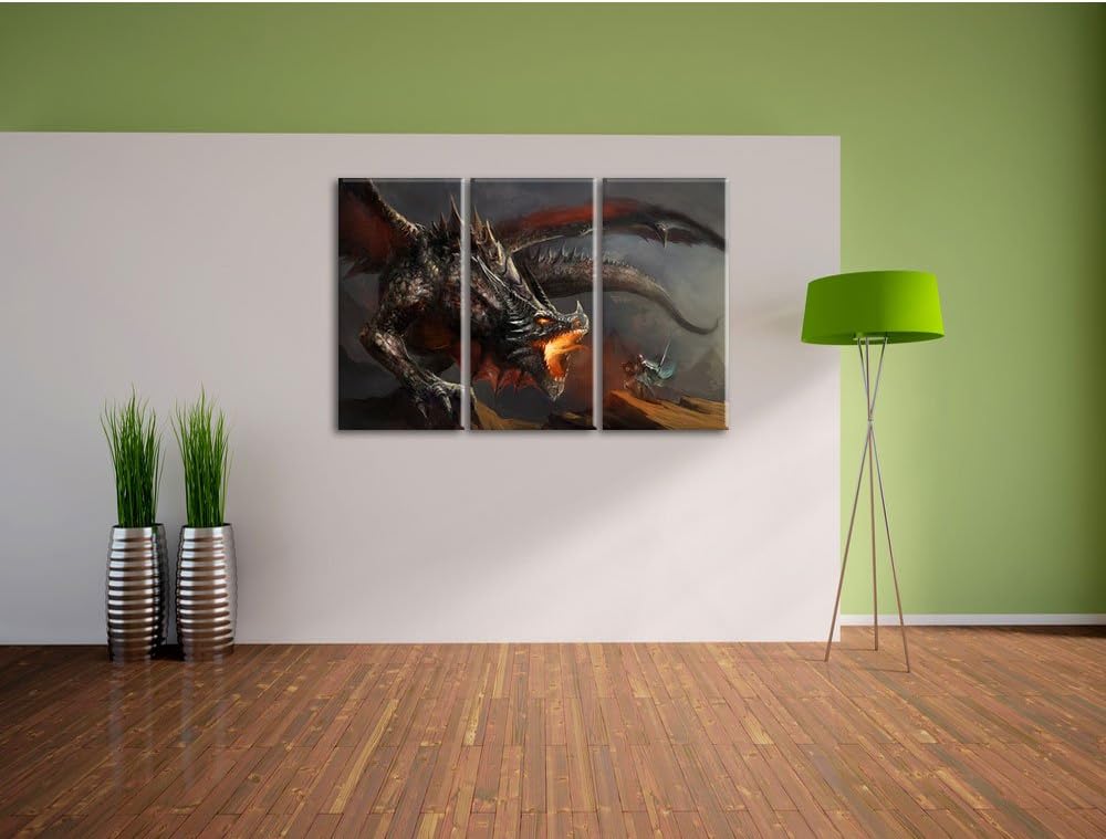 Pixxprint Kampf zwischen Mensch und Drache als Leinwandbild | Grösse: 3 Teilig (120x80) | Wandbild|