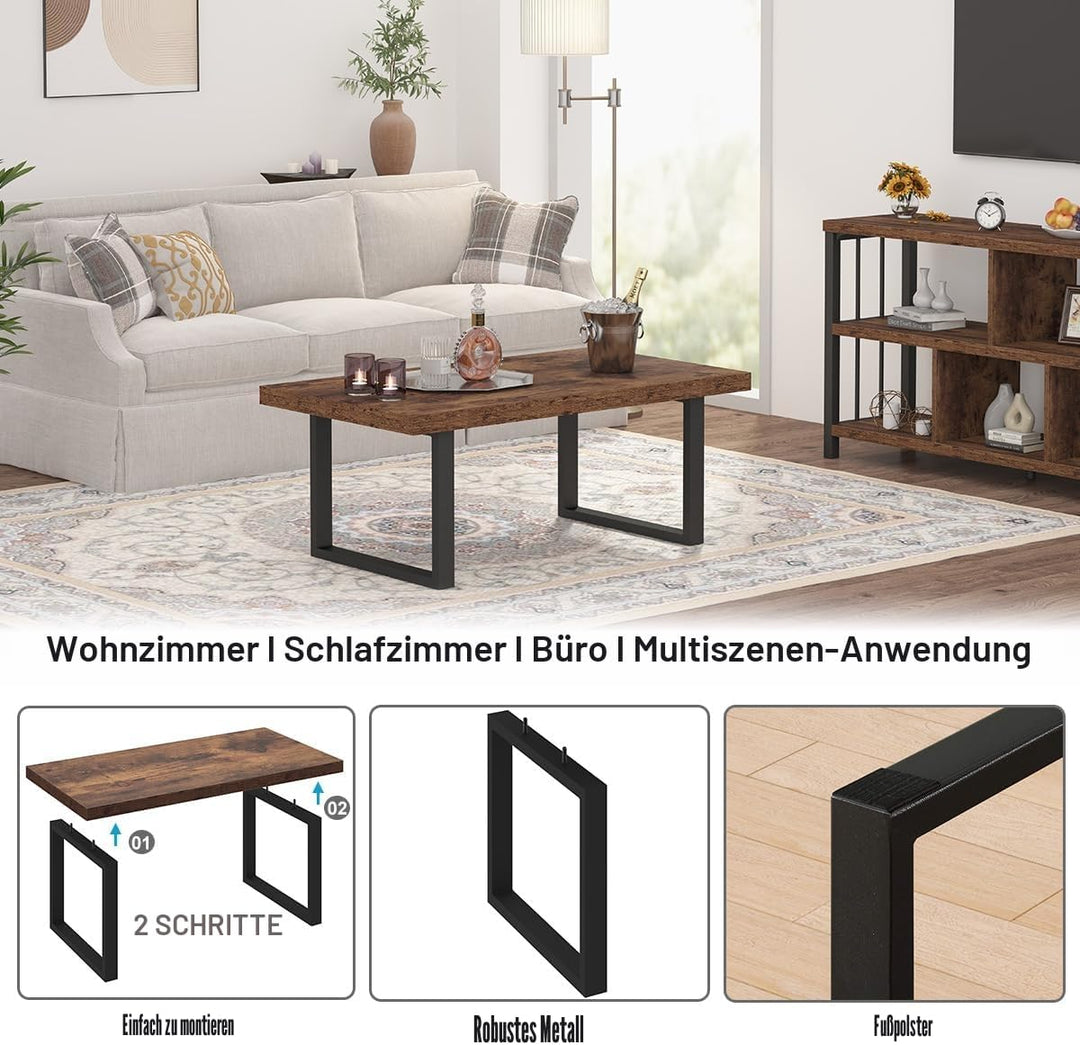 IBF Rustikaler Braun Couchtisch, Industrieller Schlichter Wohnzimmertisch, moderner minimalistischer