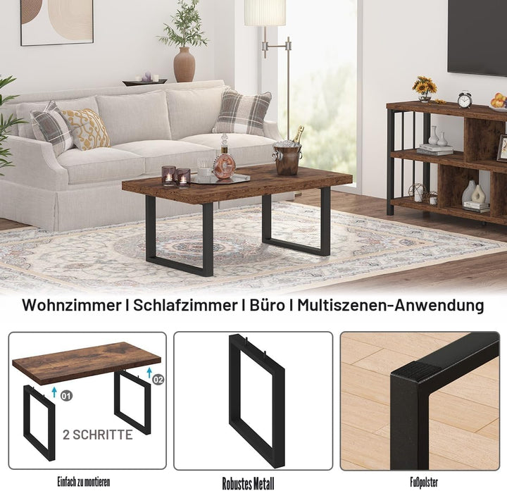 IBF Rustikaler Braun Couchtisch, Industrieller Schlichter Wohnzimmertisch, moderner minimalistischer