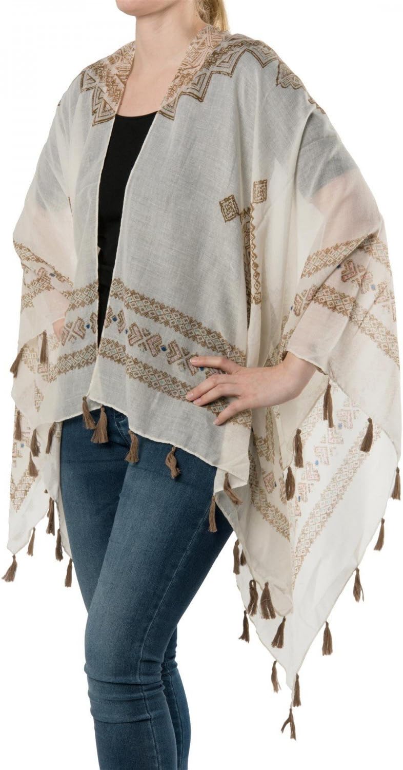 styleBREAKER Leichter Sommer Poncho mit Ethno Muster, Quasten, Strand, Boho Style, Damen 08010022, F