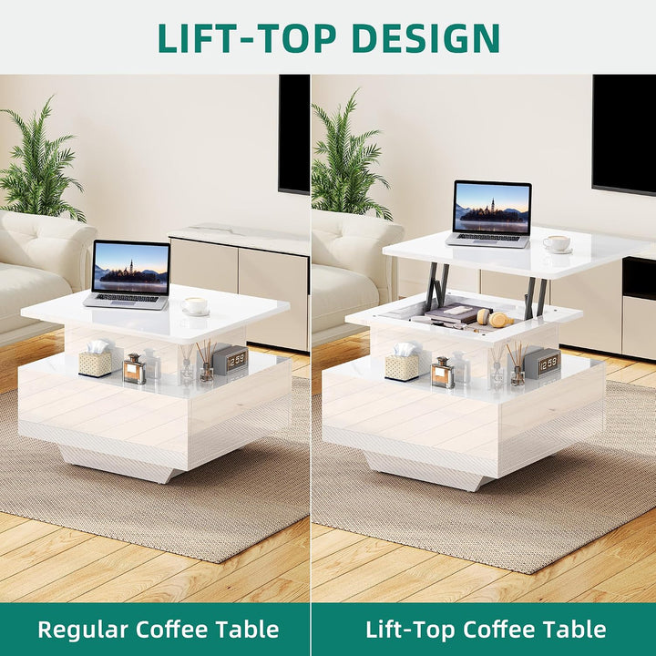 YITAHOME Couchtisch Höhenverstellbar mit LED Beleuchtung Modern, 60x60x45cm, Wohnzimmertisch Hochgla