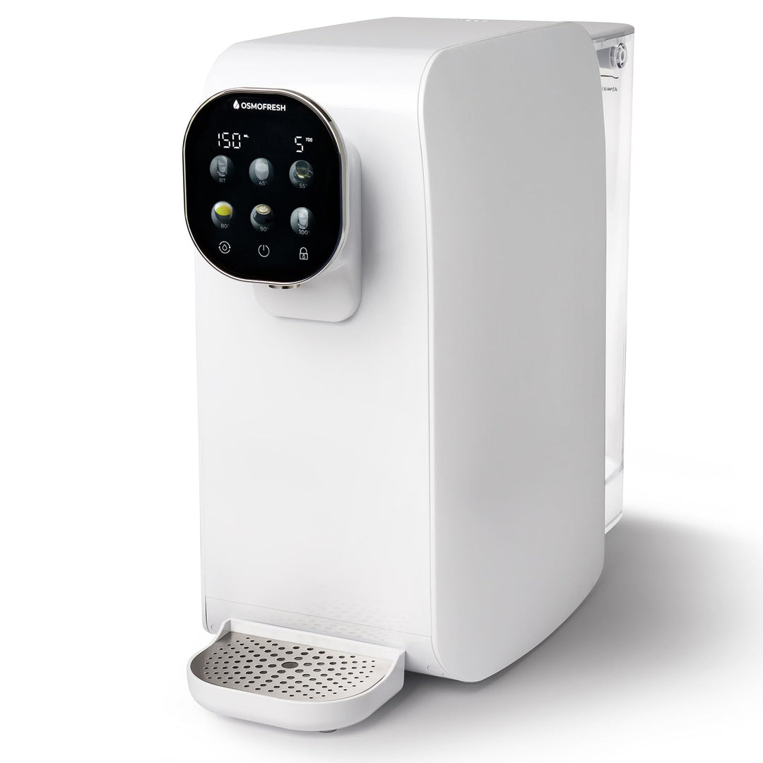 OsmoFresh Auftisch Osmoseanlage Quella Pro White | mit Heisswasserspender | 6 Temperaturstufen | 7-f