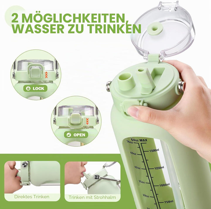 BLUEGO 2000ml Glaswasserflasche mit Edelstahlgriff und Zeitmarkierung 2L Trinkflasche Borosilikatgla